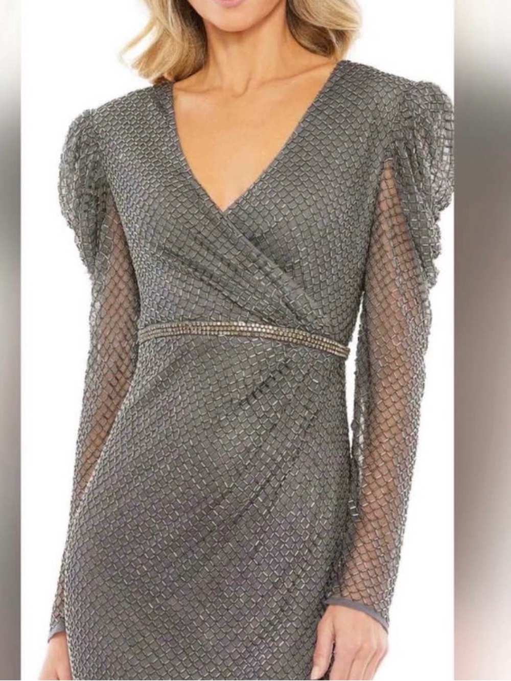 Mac Duggal Silver Sequin Wrap-Style Midi Dress